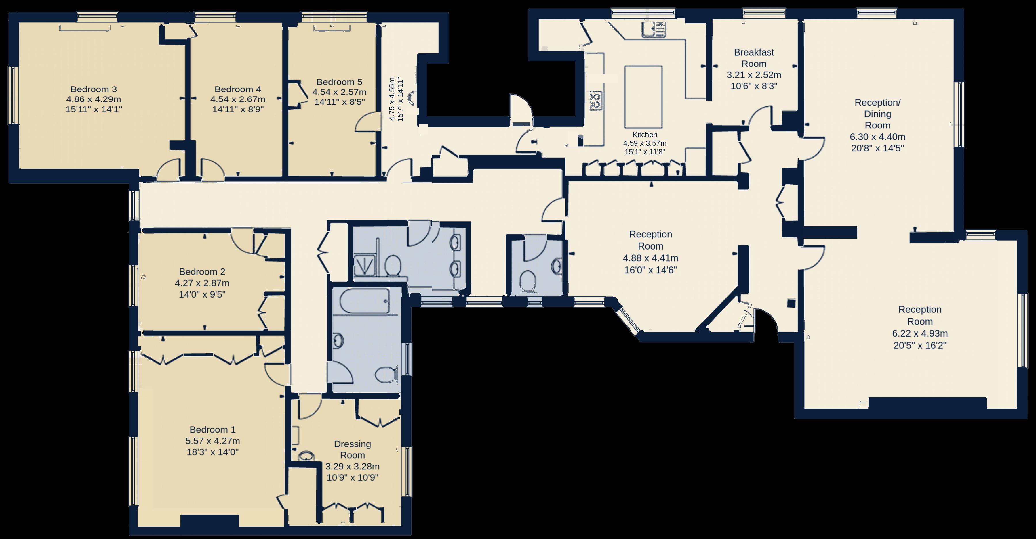 Original floor plan: five bedrooms, a breakfast room, two bathrooms and a separate WC